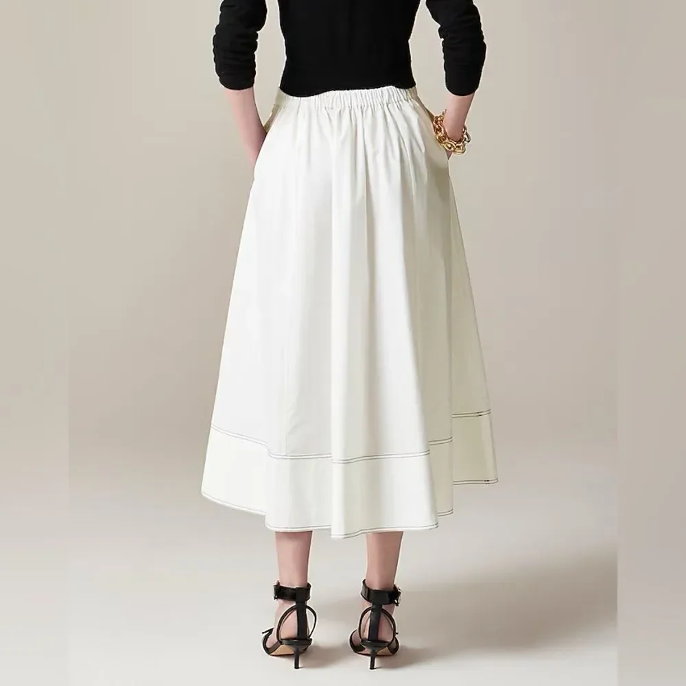 NWT J CREW Contrast-stitch midi skirt in cotton poplin in dark navy